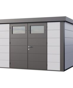 Abri Telluria en acier galvanisé gris blanc 9,8m² avec double porte Eleganto 3330