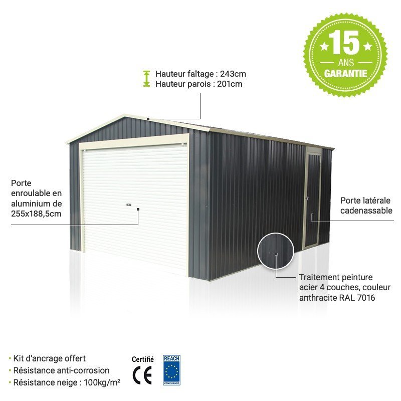 Garage métal anthracite 19,52m² porte enroulable + kit d’ancrage – Image 15