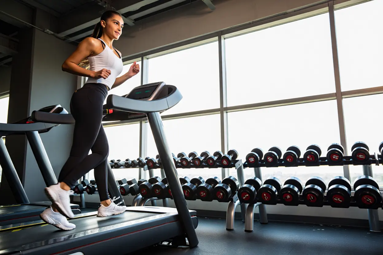 Femme courant sur tapis de course en salle